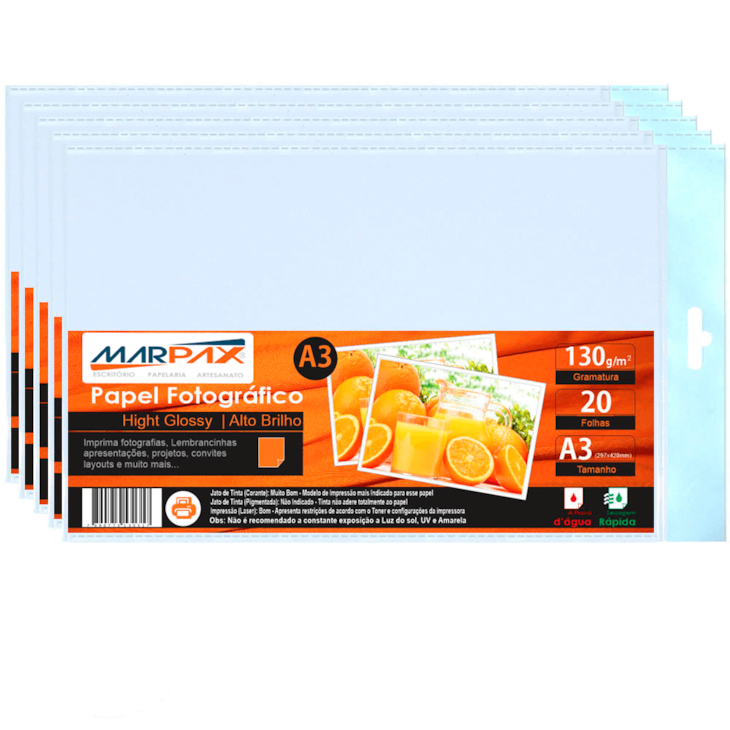 Papel Fotográfico A3 130g Brilhante 297x420mm Marpax 200Fls