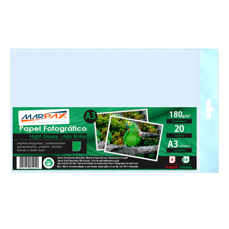 Papel Fotográfico A3 180g Brilhante 297x420mm Marpax 20 Fls