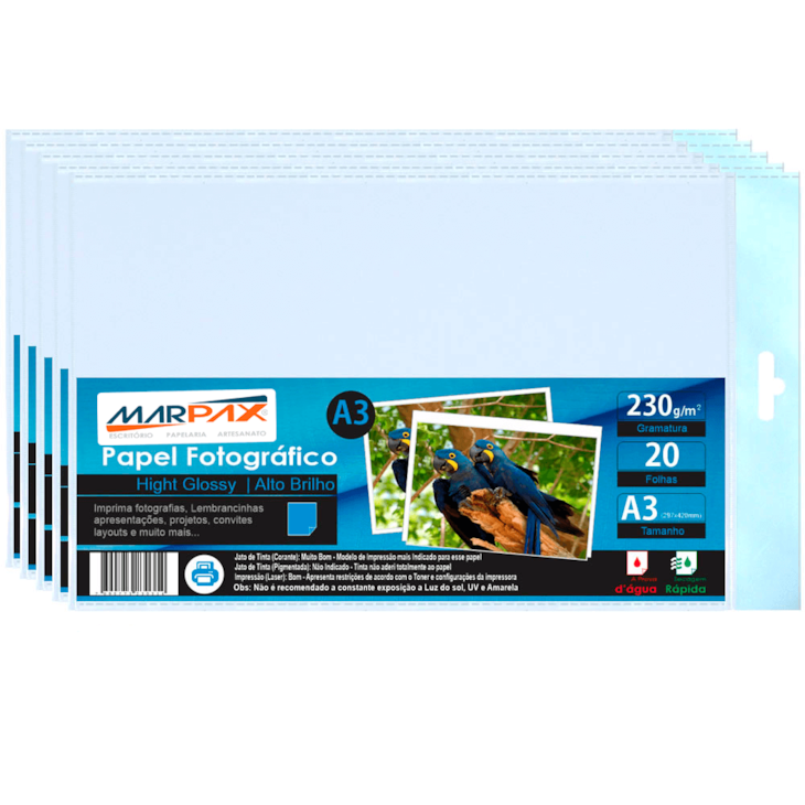 Papel Fotográfico A3 230g Brilhante 297x420mm Marpax 100Fls