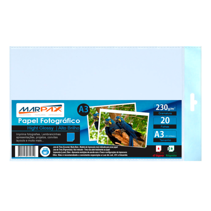 Papel Fotográfico A3 230g Brilhante 297x420mm Marpax 20 Fls