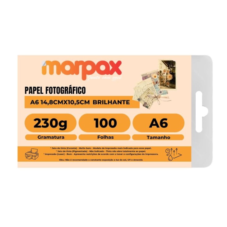 Papel Fotográfico A6 Brilhante Glossy 230g Marpax 100 Fls