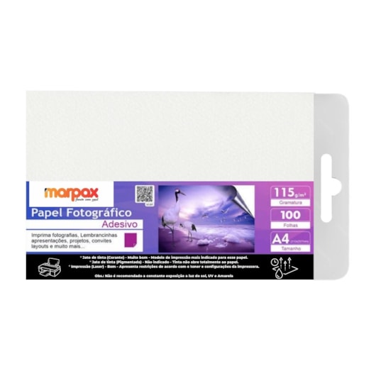 Papel Fotográfico Adesivo 115g A4 210x297mm Marpax 100 Fls