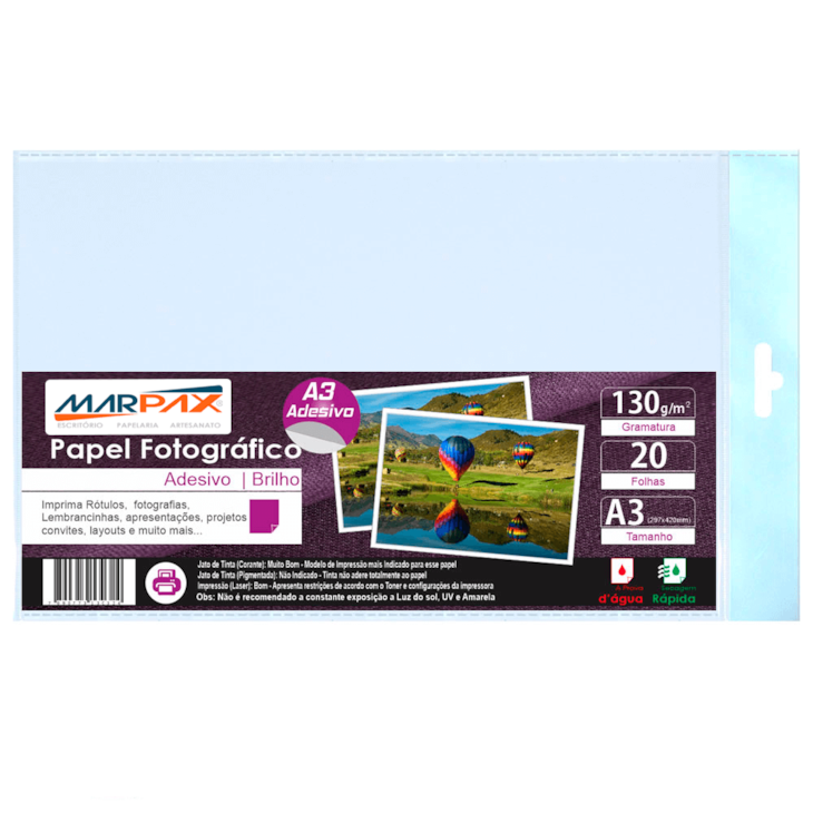 Papel Fotográfico Adesivo 130g A3 297x420mm Marpax 20 Fls