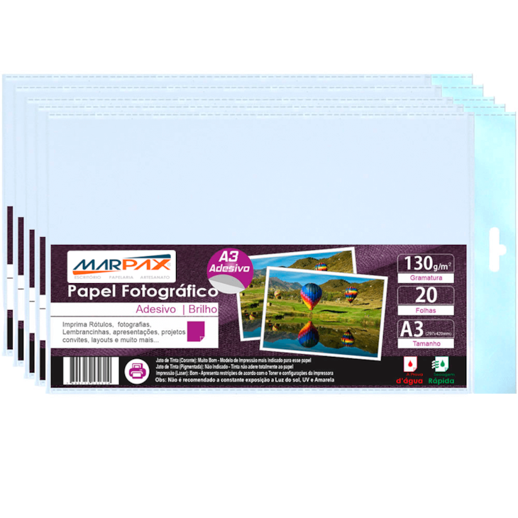 Papel Fotográfico Adesivo 130g A3 297x420mm Marpax 500 Fls