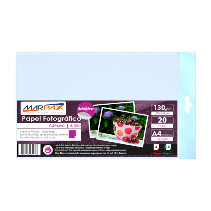 Papel Fotográfico Adesivo 130g A4 210x297mm Marpax 20 Fls