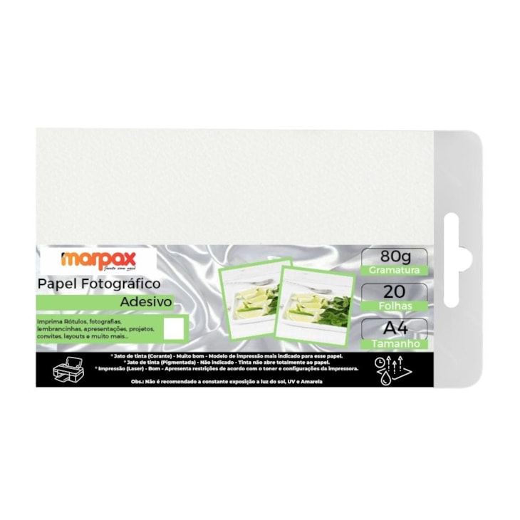Papel Fotográfico Adesivo 80g A4 210X297mm Marpax 20fls