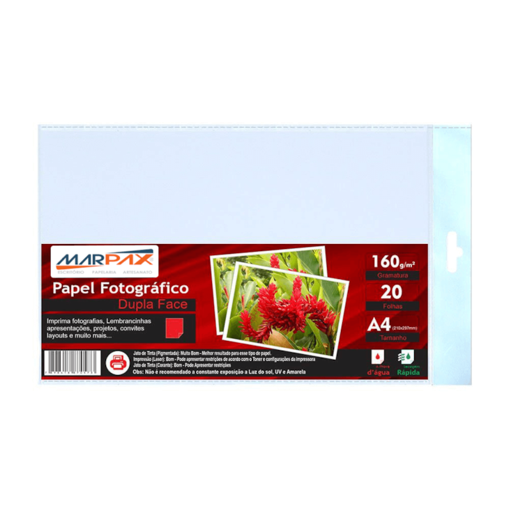 Papel Fotográfico Dupla Face 160g A4 210x297mm Marpax 20Fls