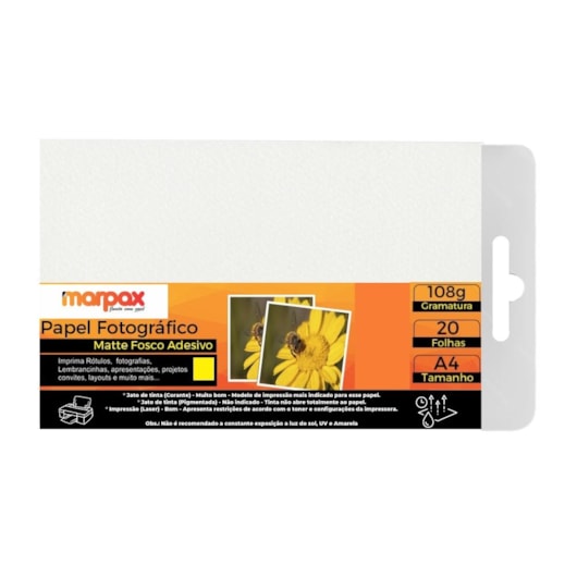 Papel Fotográfico Matte Fosco Adesivo 108g A4 Marpax 20fls