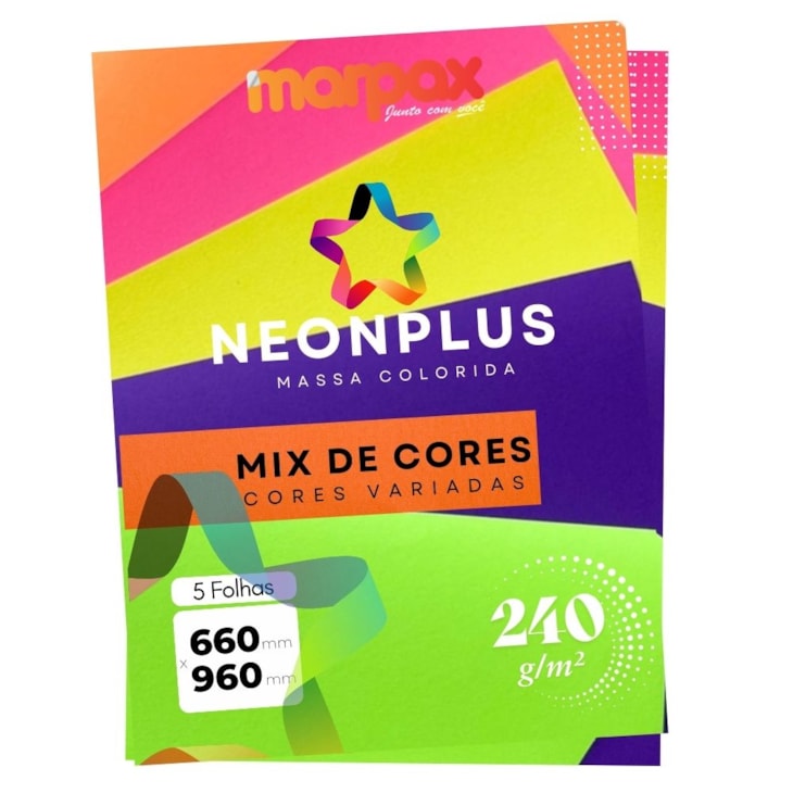 Papel Neon Plus 240g 66x96cm Mix de Cores Marpax 5 fls