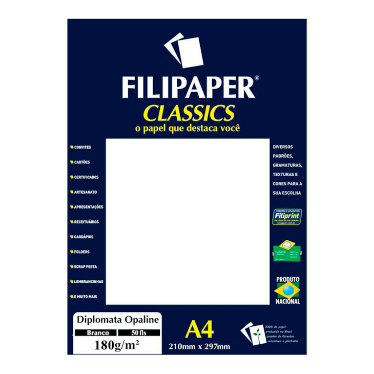 Papel Opaline 180g Branco A4 210X297mm Filipaper 50fls