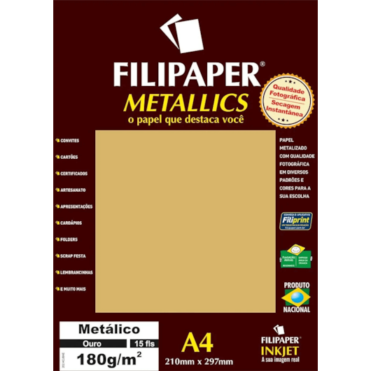 Papel Ouro Metalizado A4 210x297mm 180g Filipaper 15 folhas