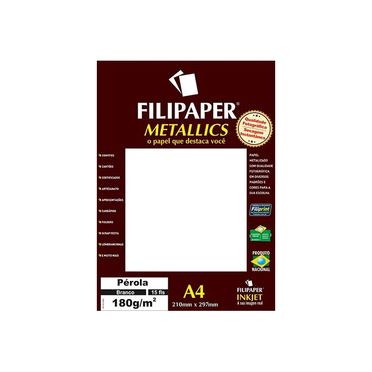 Papel Perolado Branco A4 210x297mm 180g/m² Filipaper 15 fls