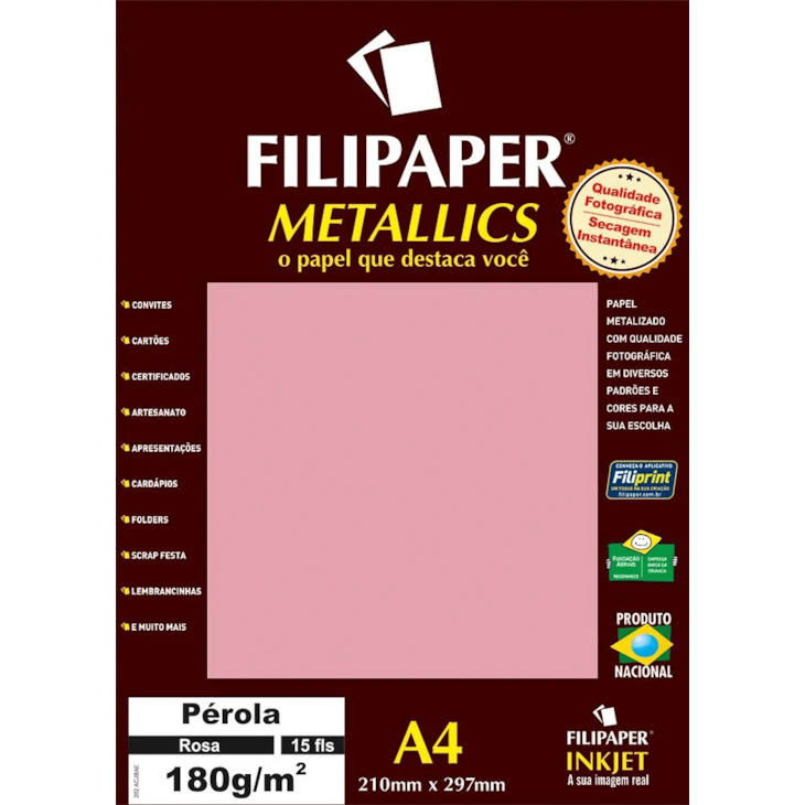 Papel Perolado Rosa A4 210x297mm 180g/m² Filipaper 15 folhas