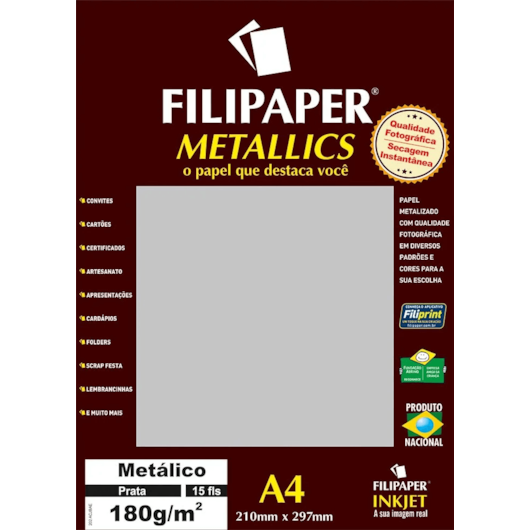 Papel Prata Metalizado A4 210x297mm 180g Filipaper 15fls