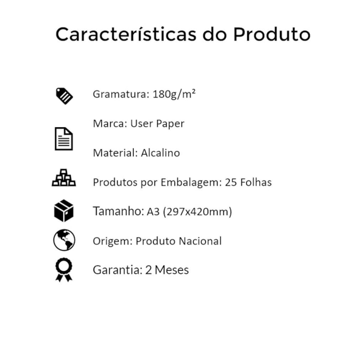 Papel Sulfite A3 180g/m² para impressão 60kg Branco 25 fls