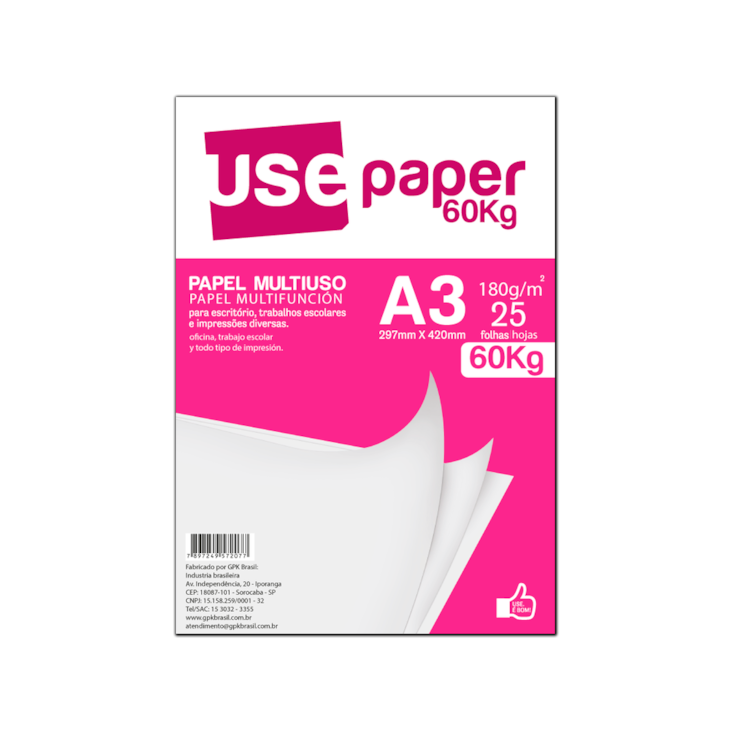 Papel Sulfite A3 180g/m² para impressão 60kg Branco 25 fls