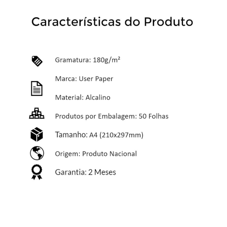 Papel Sulfite A4 180g/m² para impressão 60kg Branco 50 fls