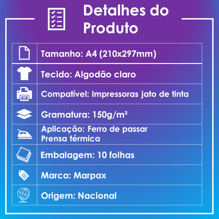 Papel Transfer Jato de tinta A4 Tecidos Claros 150g/m² Marpax 10Fls