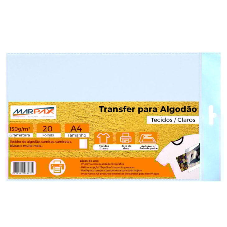 Papel Transfer Jato de tinta A4 Tecidos Claros 150g/m² Marpax 20Fls