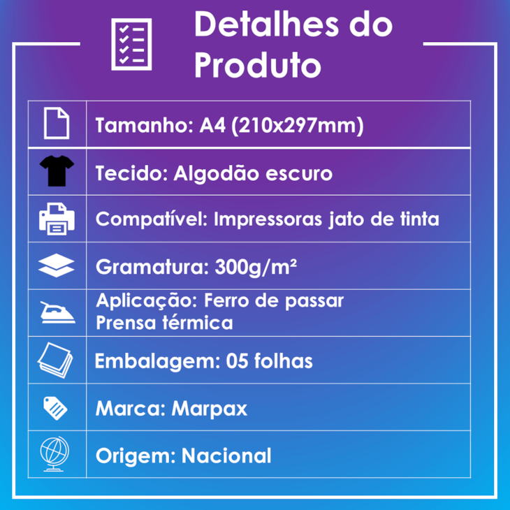 Papel Transfer Jato de tinta A4 Tecidos Escuros 300g/m² Marpax 05 Fls