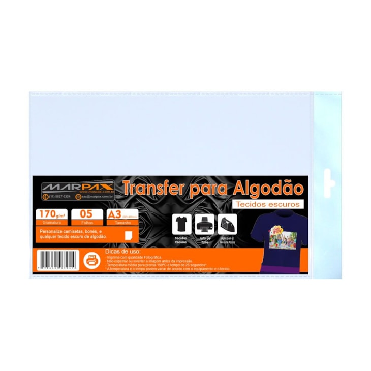 Papel Transfer para algodão A3 Tecidos Escuros Marpax 5 Fls