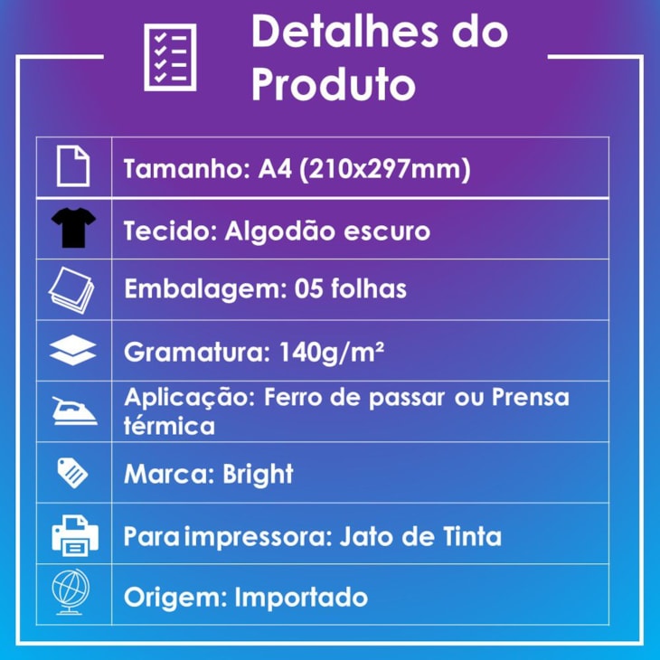 Papel Transfer para Algodão A4 Tecidos Escuros Bright 5 fls