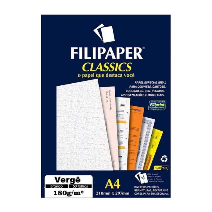 Papel Vergê Branco A4 210x297mm 180g/m² Filipaper 50 Folhas