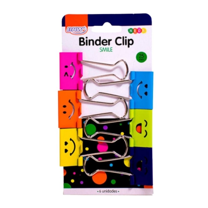Prendedor de Papel Binder Clip BRW 25mm Emoji Neon 6un