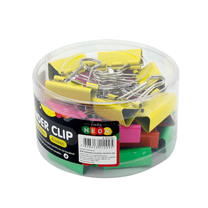 Prendedor de Papel Binder Clip Metal 32mm Neon BRW com 24Un