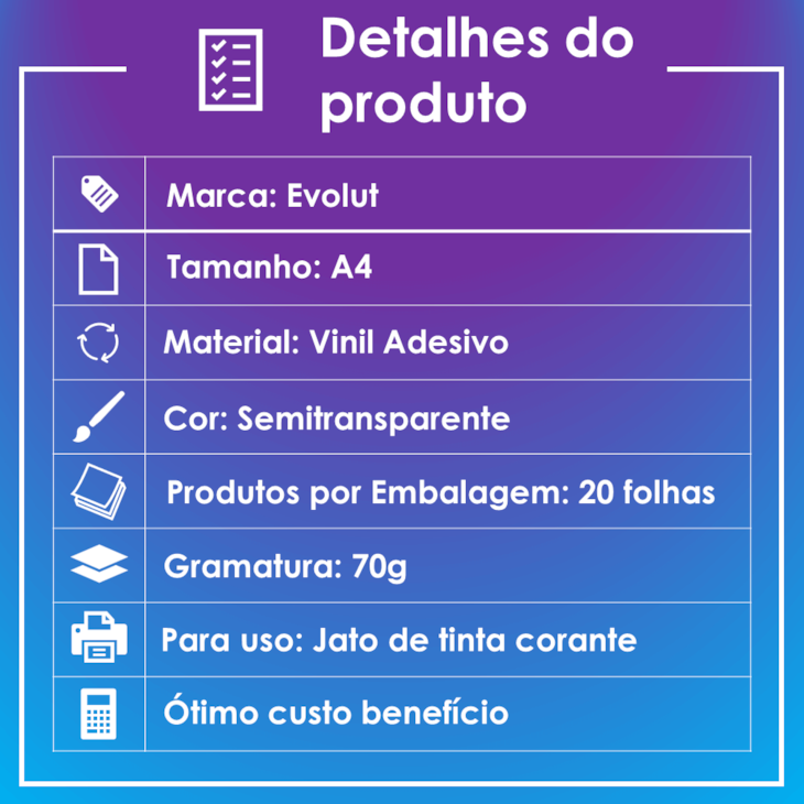Vinil Adesivo A4 70g Semitransparente Brilho Jato de tinta Evolut 20un