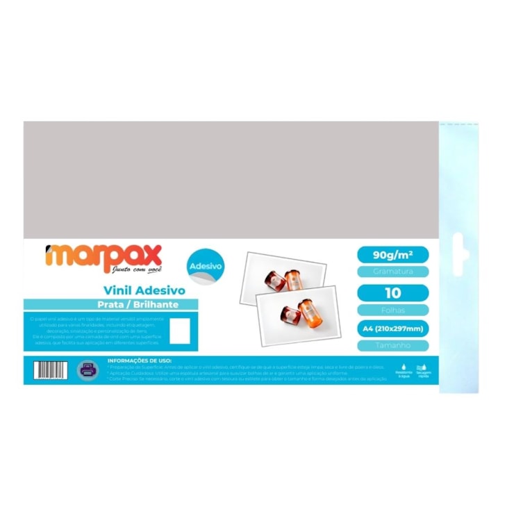 Vinil Adesivo Prata A4 210x297mm 90g Sintético Marpax 10fls