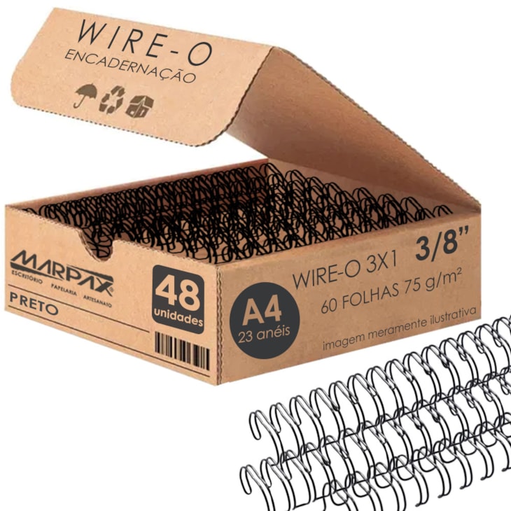 Wire-o para Encadernação 3x1 A4 Preto 3/8 para 60 fls 48un